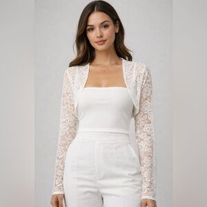Belle Poque White Lace Cropped Bolero Shrug Long Sleeve Bridal Formal Top 2XL